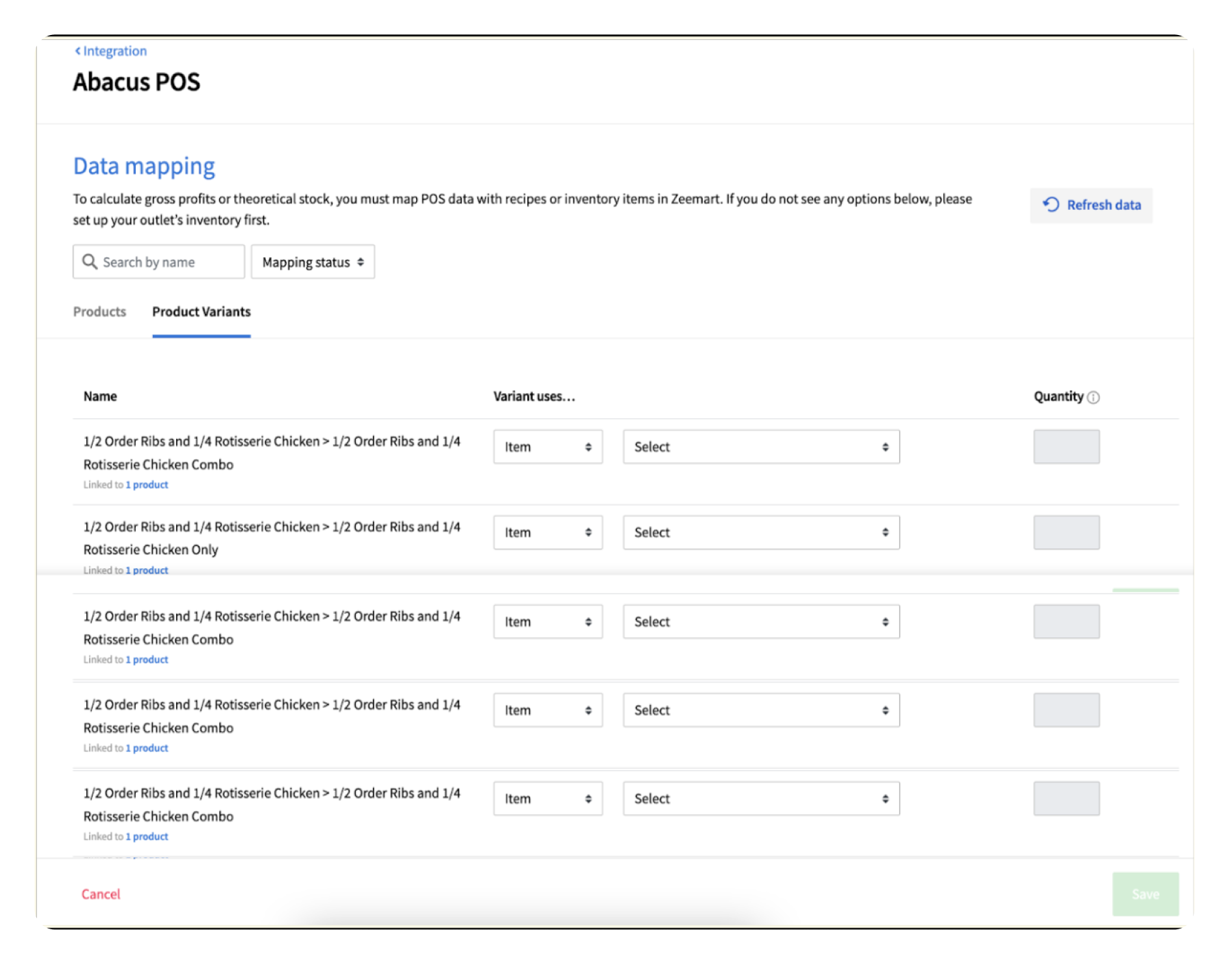 Before: the original single-column Abacus POS data-mapping table