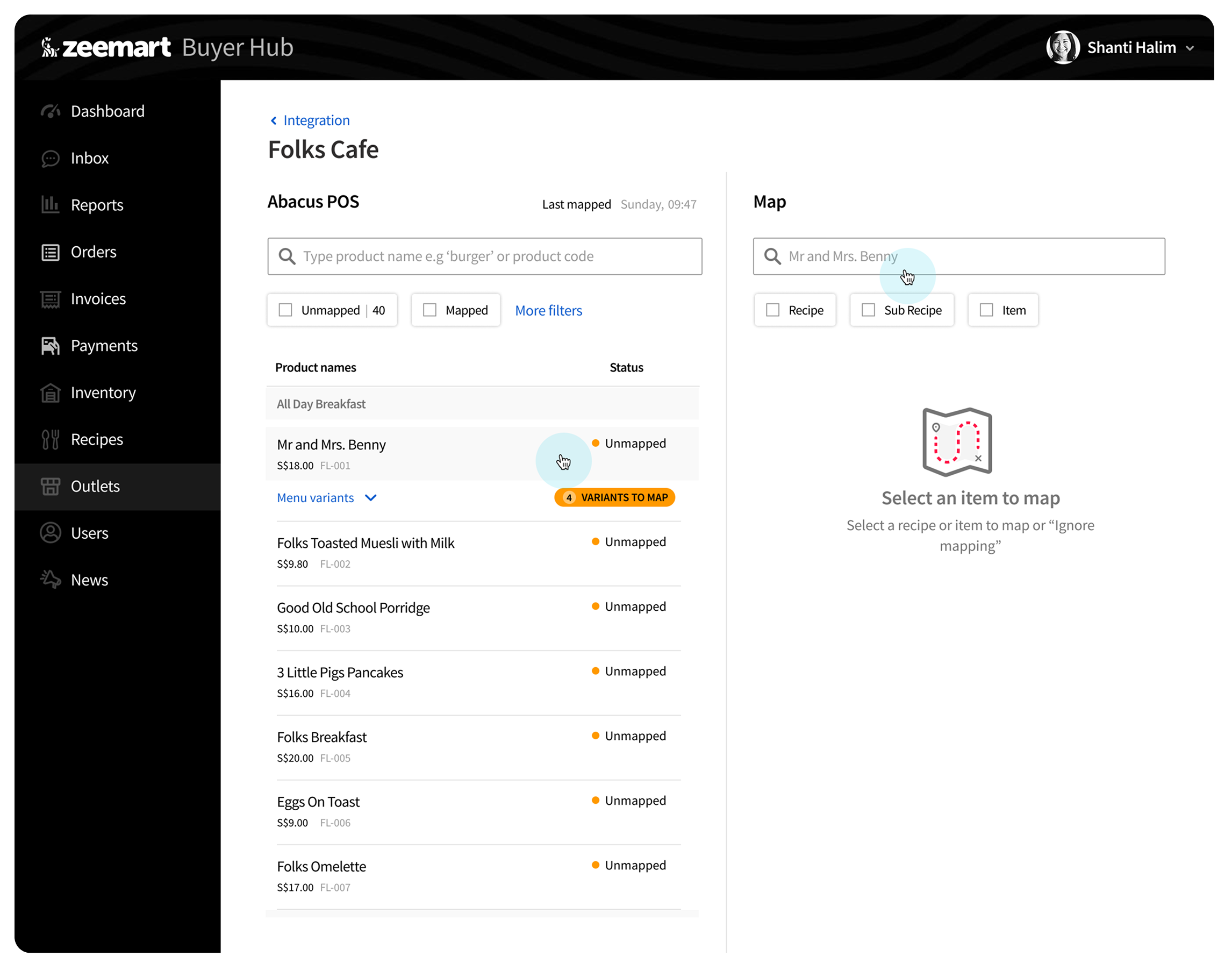 Zeemart Buyer Hub split-view screen for mapping POS menu items to inventory recipes