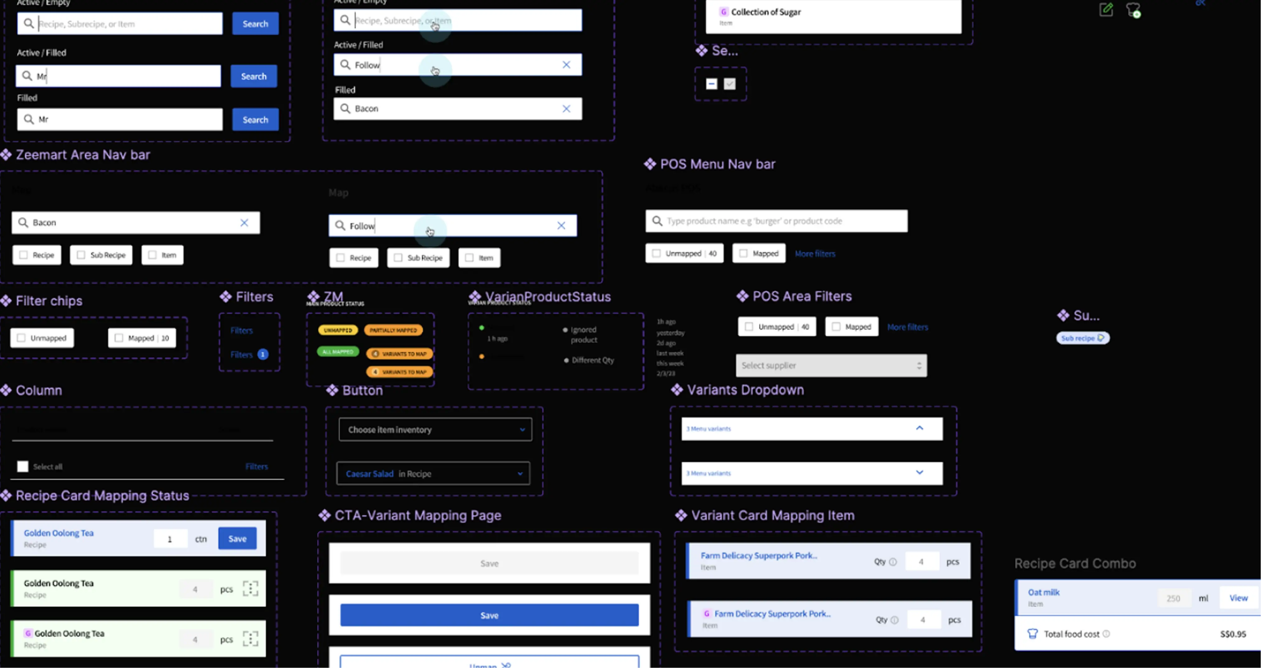 Component library used to build the mapping flow, search fields, filter chips, status pills, cards and buttons