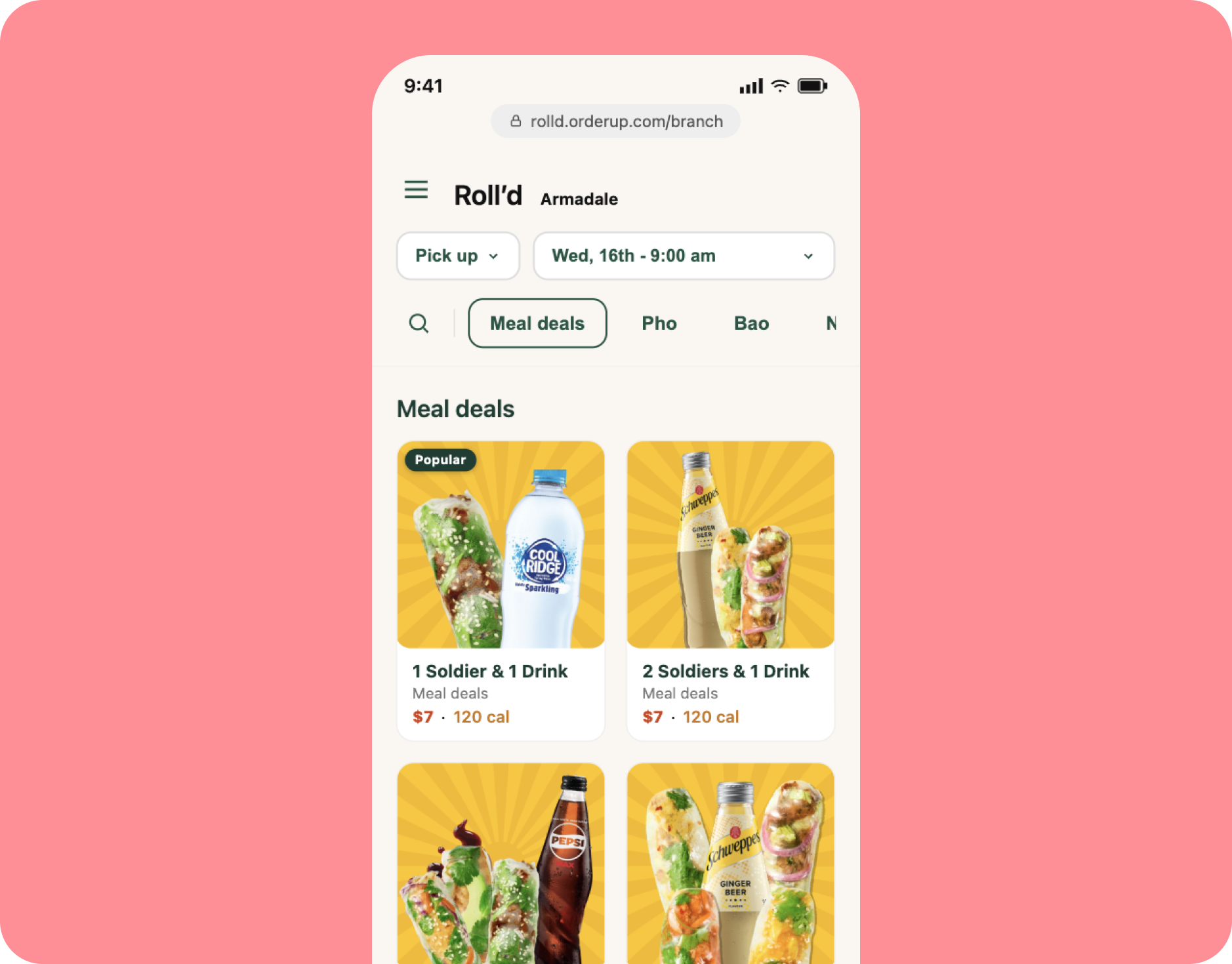 Roll'd online ordering meal deals screen, phone mockup on a coral background