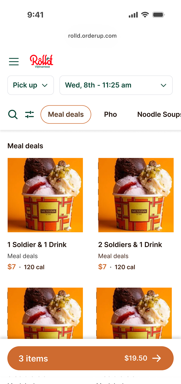 The same template re-themed for Messina gelato, orange accents on the same meal-deals grid