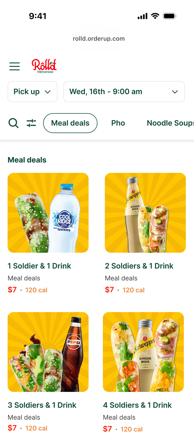 The template themed with Roll'd's own branding, green accents on a meal-deals grid