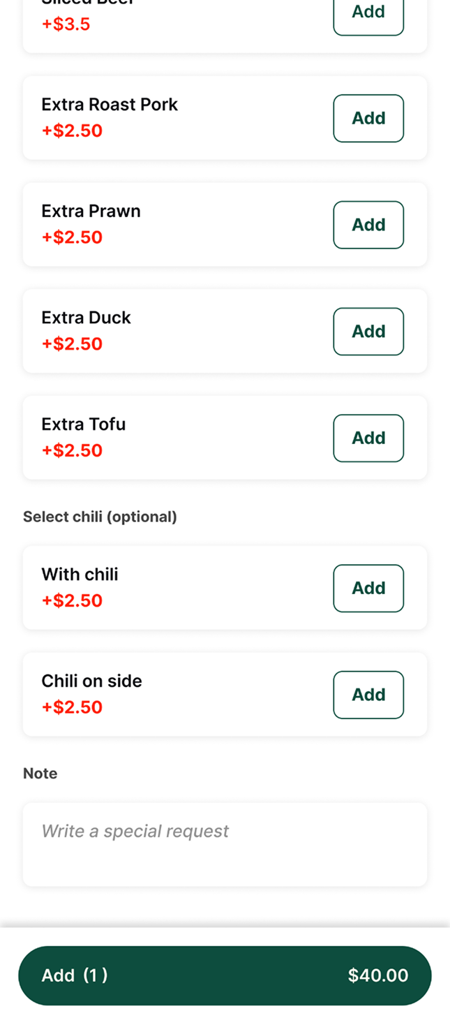 After: the redesigned add-on upsell screen with clearer pricing and add buttons