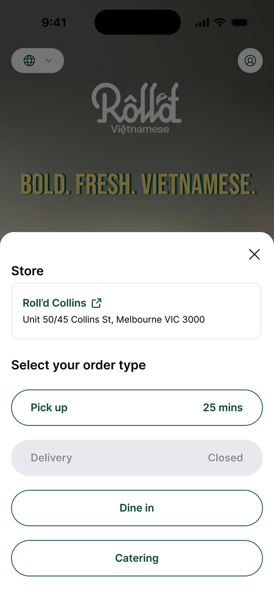 Order type selection modal showing Pick up, Delivery, Dine in, and Catering options