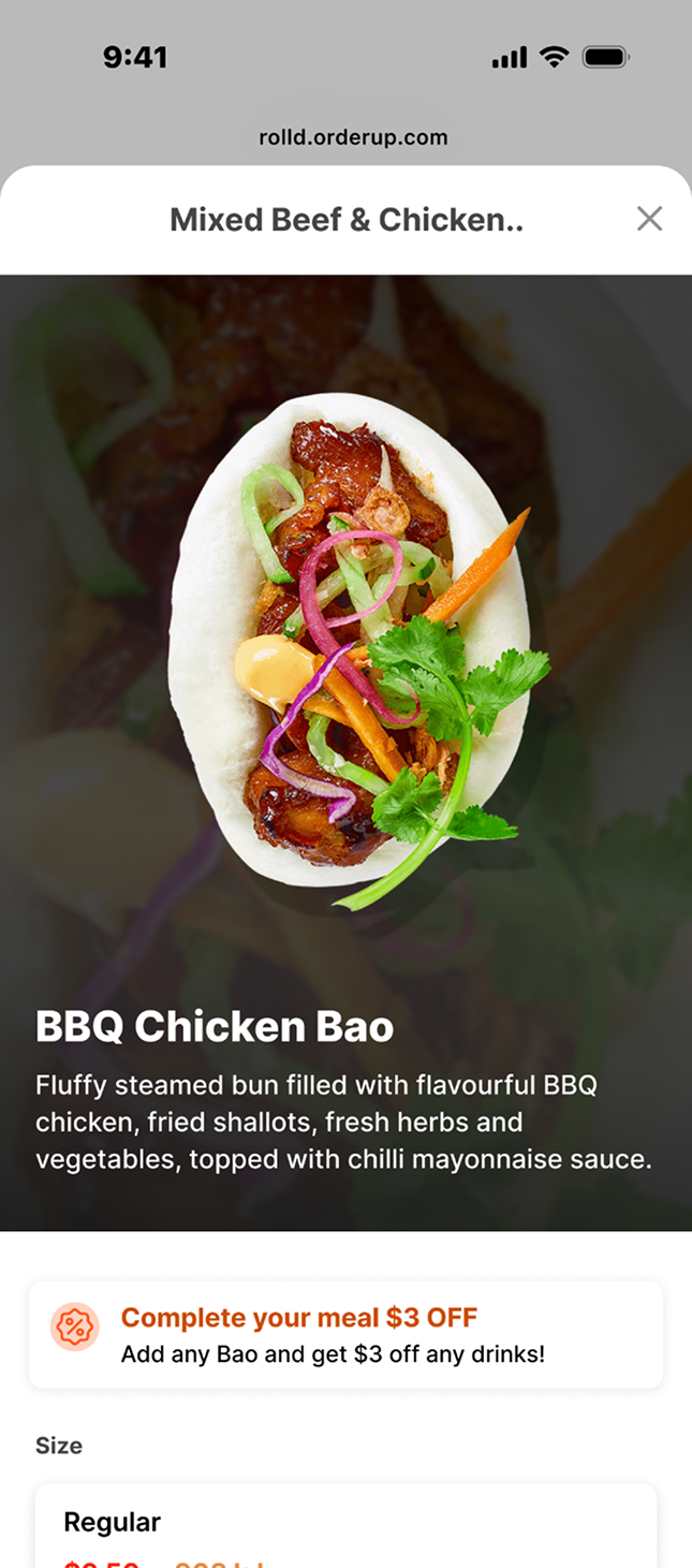 BBQ Chicken Bao product detail screen with large hero photography