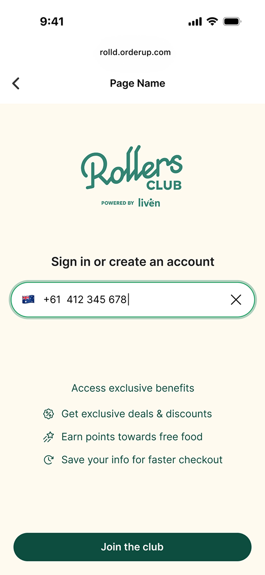 Rollers Club sign-in screen with large custom branding and rewards messaging