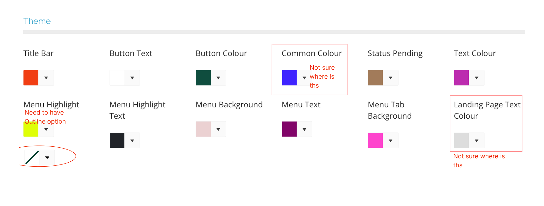 Backend theme configurator listing color tokens like Title Bar, Button Colour, and Menu Text, with review notes flagging gaps