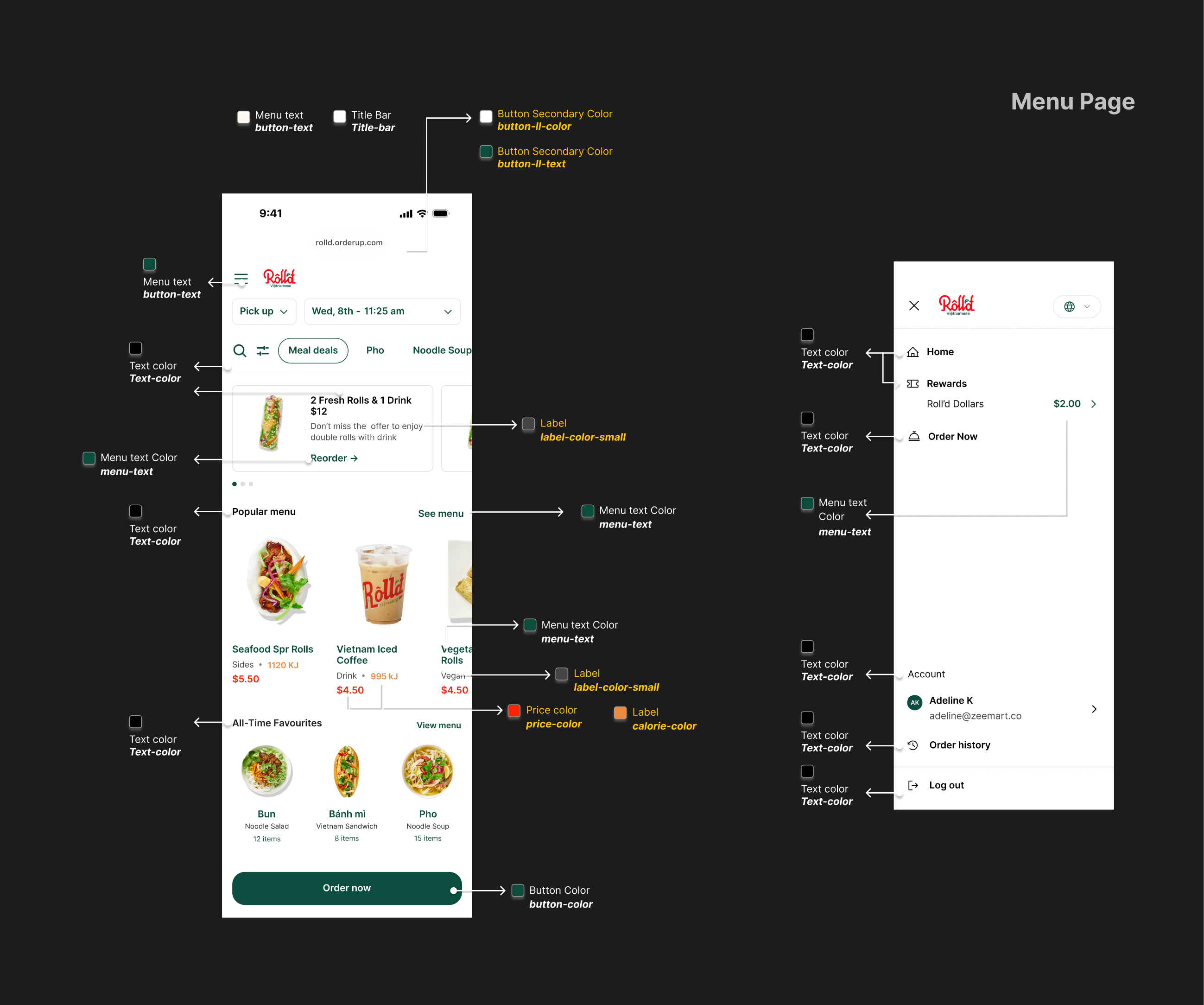 Annotated menu page and account menu screens with arrows mapping each color token to where it renders