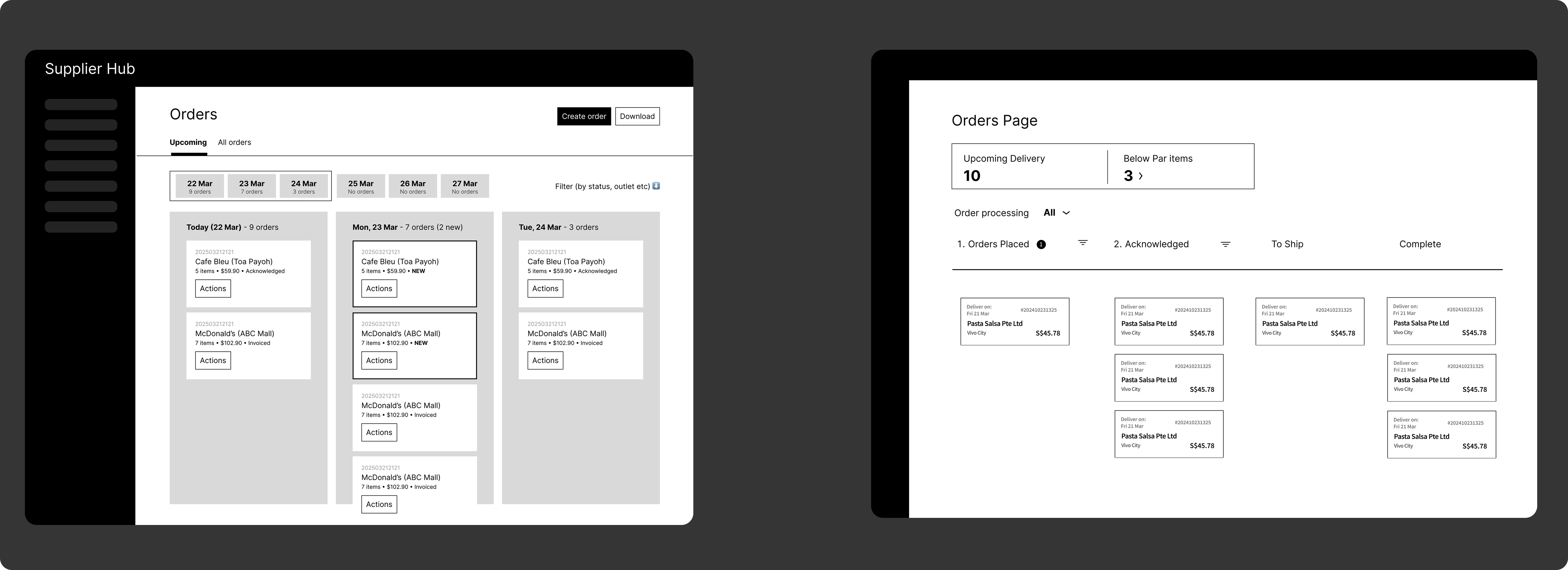 Two wireframe directions: orders grouped by delivery date on the left, orders grouped by status on the right