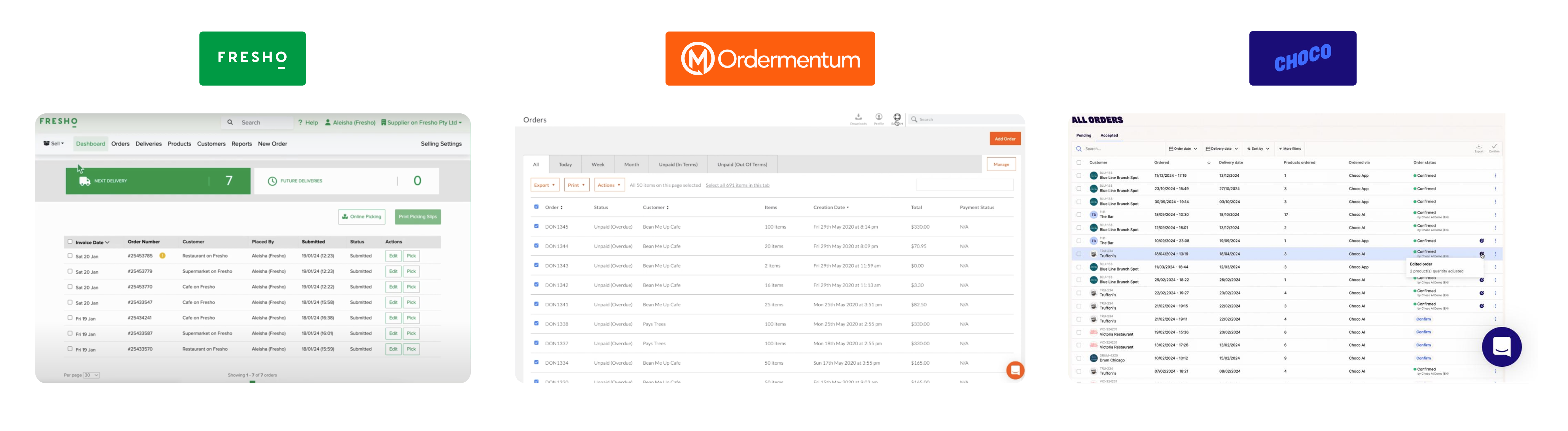 Competitor benchmark comparison of Fresho, Ordermentum, and Choco order management screens