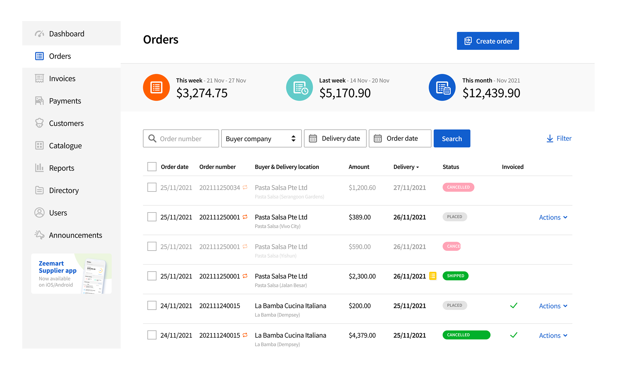 The current Supplier Hub Orders page, a flat list of all orders