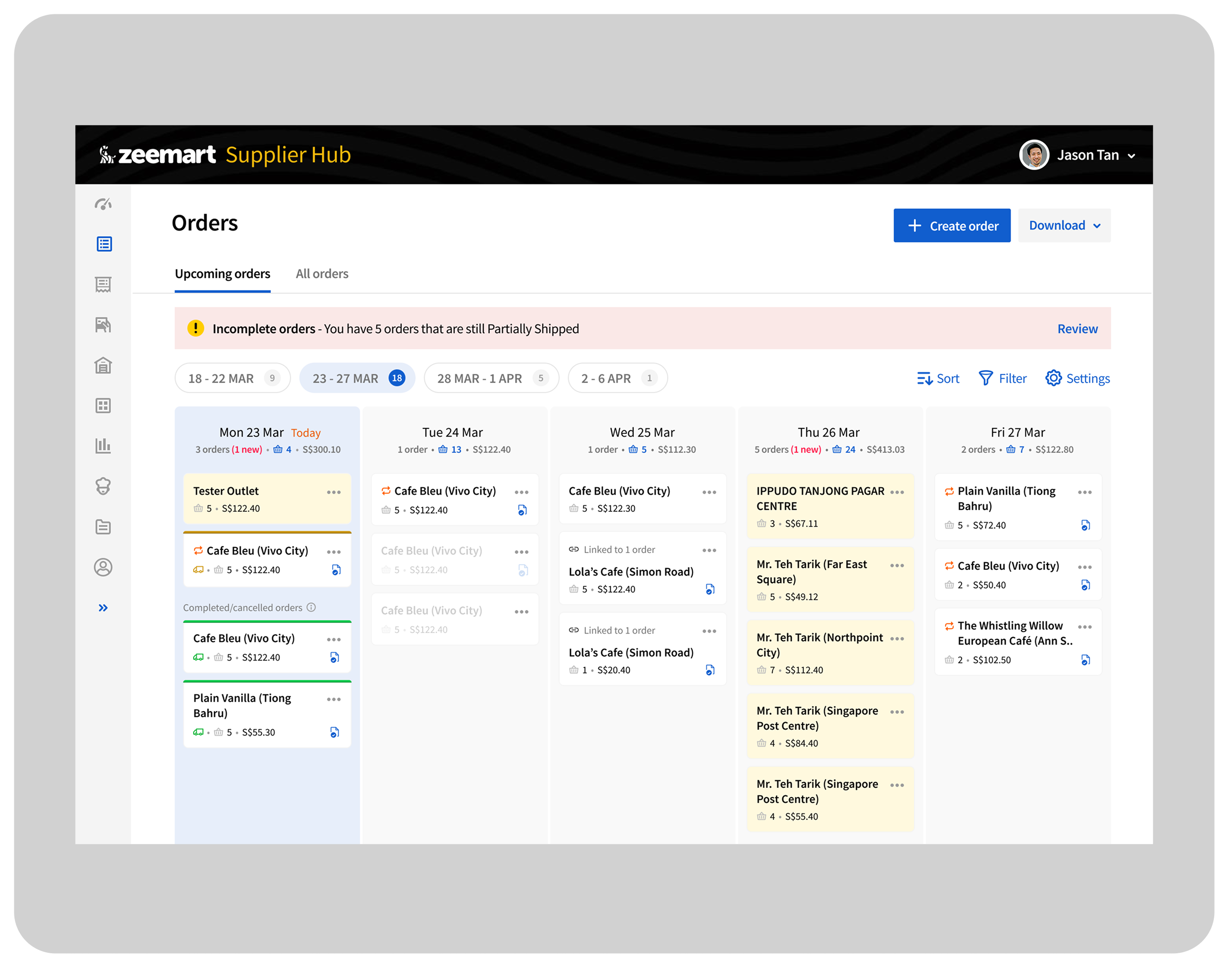 Supplier Hub Upcoming Orders view, orders grouped by delivery date