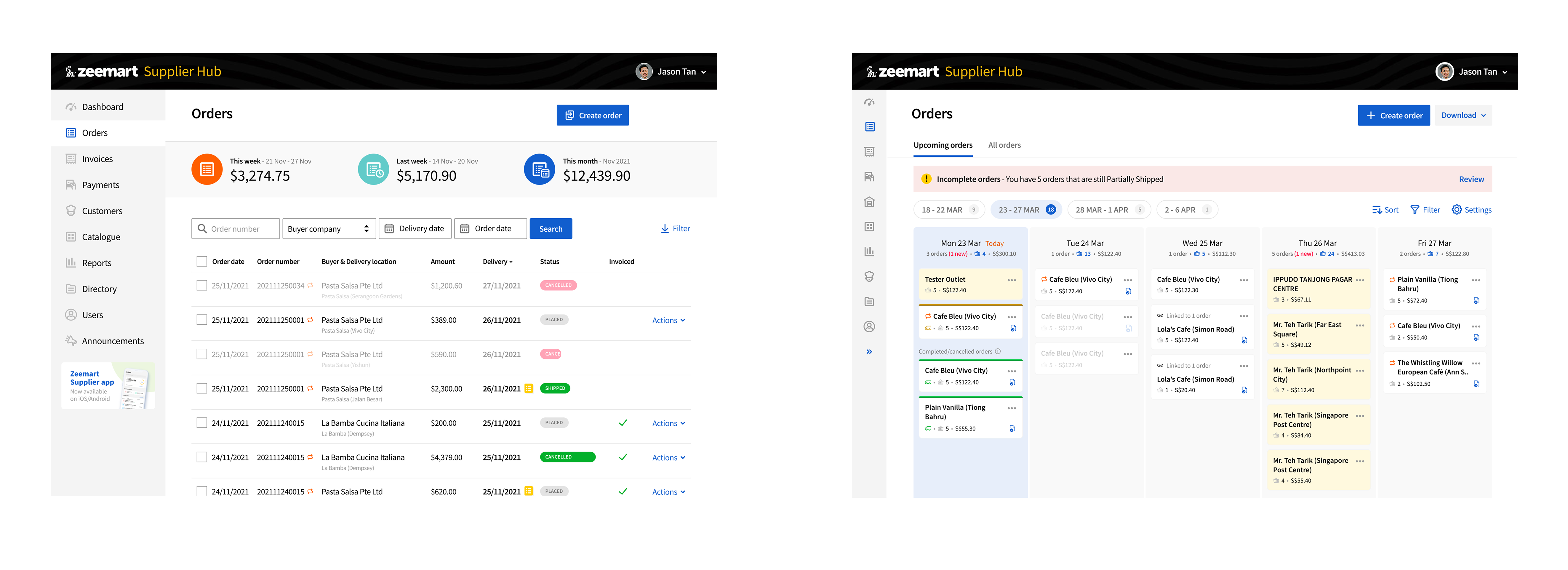 Side by side comparison, the existing list view on the left and the new Upcoming orders view on the right